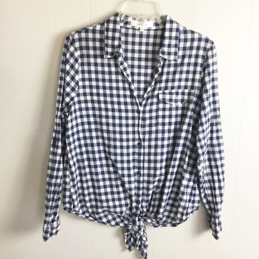 Eden & Olivia womens plaid button front plaid shirt White/Blue Size M Tie Front